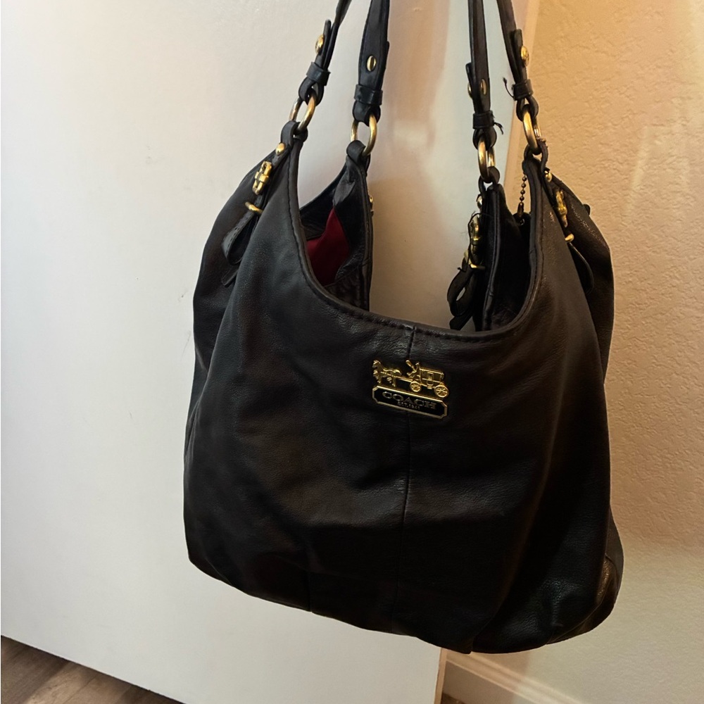 Coach Madison Maggie Black Pearlized Leather Hobo Shoulder Bag Purse Y2K Tote